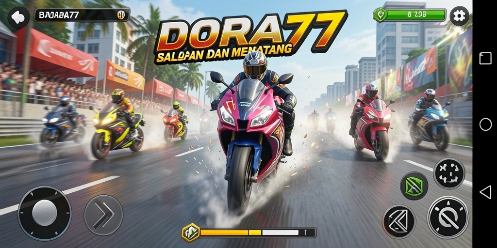 Tampilan gameplay DORA77 saat balapan motor yang mendebarkan.