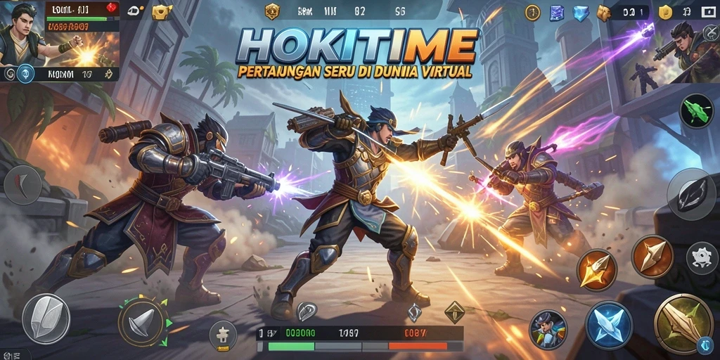 Screenshot utama HOKITIME menampilkan pertarungan karakter yang intens.