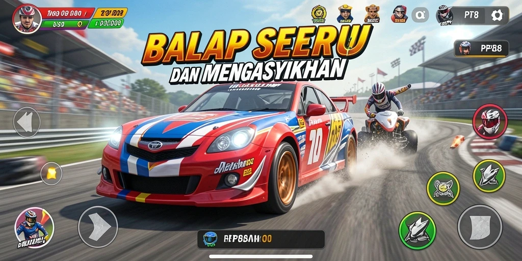 Screenshot gameplay PP88 menampilkan balapan yang mendebarkan dan mobil kustomisasi.